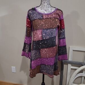 Jayli Bolo Patchwork hippie tunic mini dress punk Women SZ S/M**bleach splatter